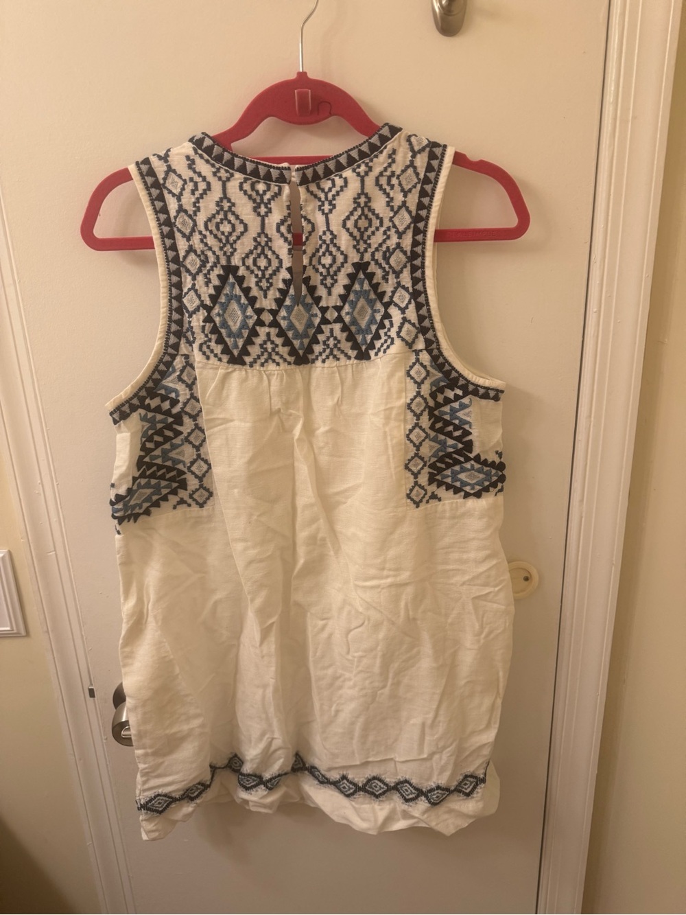 NWOT Lucky Brand Cream dress with Blue Geometric Embroidery - Picture 7 of 7